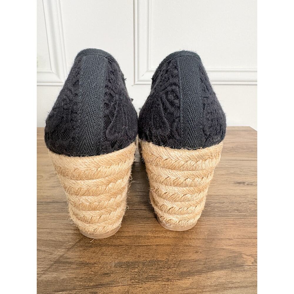 Tory Burch Jackie Lace Espadrille Wedge Peep Toe Bow Black Coastal Chic 8.5 - Picture 8 of 12